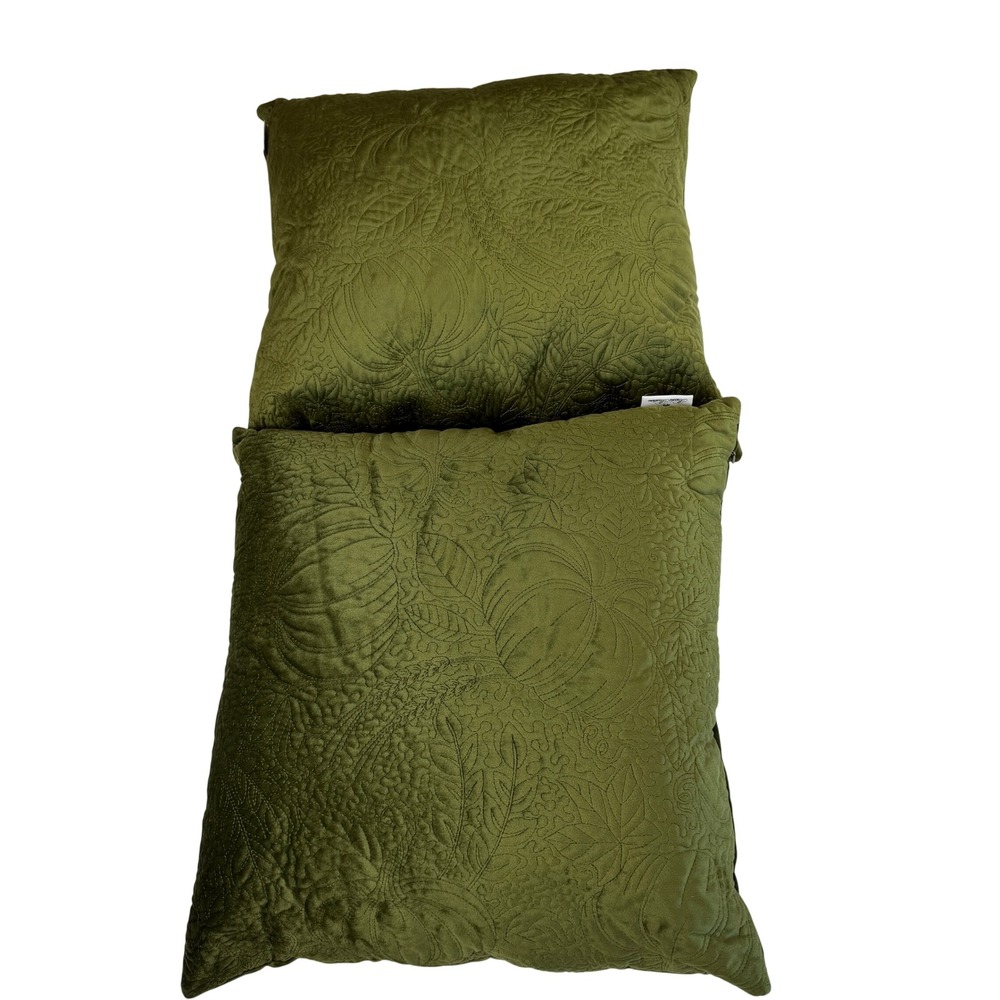 Brooks Brothers Olive Green Velvet Quilted Pumpkin Harvest Throw Pillows Set 2